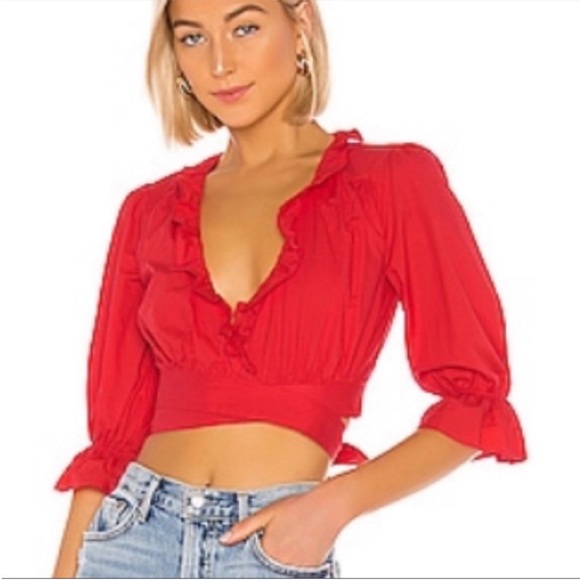 Lovers & Friends Red Ruffle Cropped Wrap Top Blouse Revolve - Picture 1 of 10